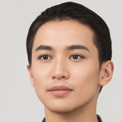 Neutral asian young-adult male with short  black hair and brown eyes