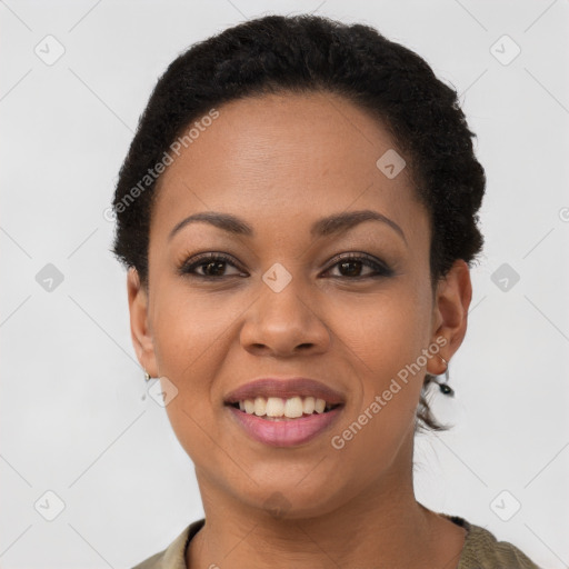 Joyful latino young-adult female with short  brown hair and brown eyes