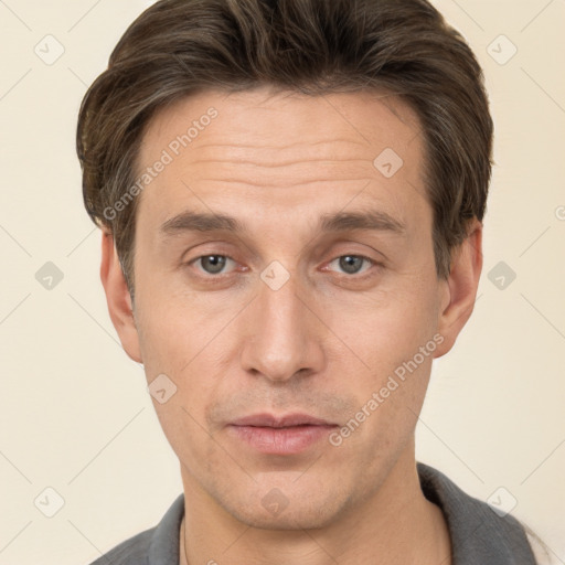 Neutral white adult male with short  brown hair and brown eyes