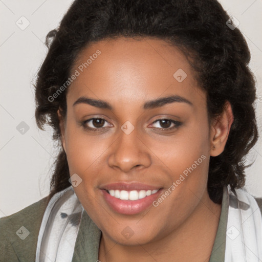 Joyful latino young-adult female with long  brown hair and brown eyes