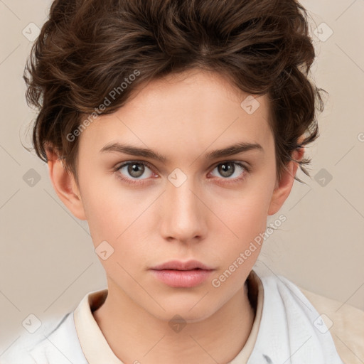 Neutral white young-adult female with short  brown hair and brown eyes