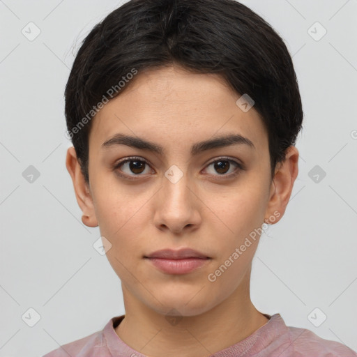 Neutral white young-adult female with short  brown hair and brown eyes