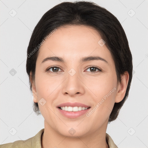 Joyful white young-adult female with medium  brown hair and brown eyes