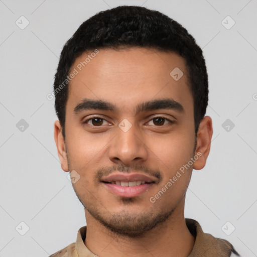 Neutral latino young-adult male with short  black hair and brown eyes