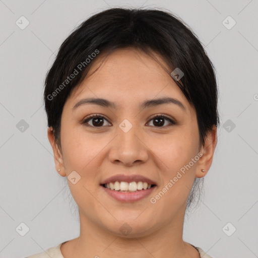 Joyful asian young-adult female with short  brown hair and brown eyes