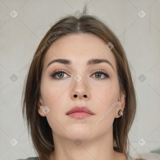 Neutral white young-adult female with medium  brown hair and brown eyes