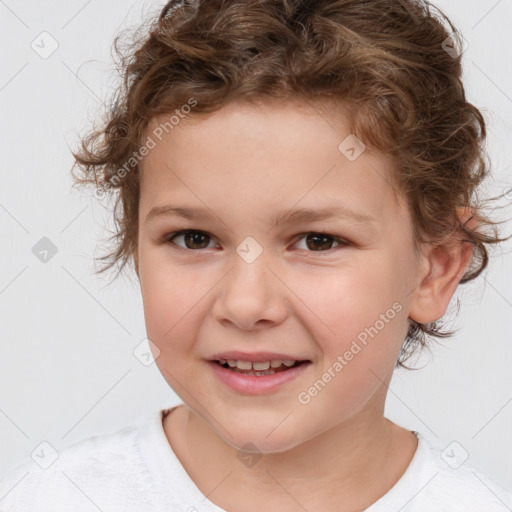 Joyful white child female with short  brown hair and brown eyes