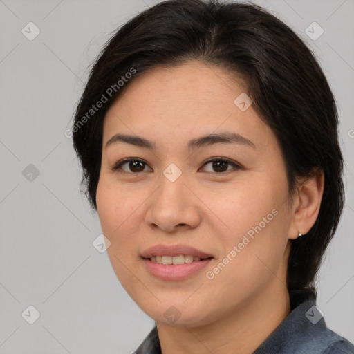 Joyful white young-adult female with medium  brown hair and brown eyes