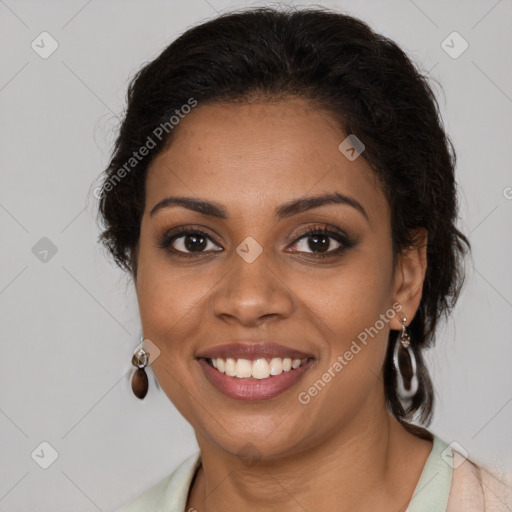 Joyful latino young-adult female with medium  brown hair and brown eyes