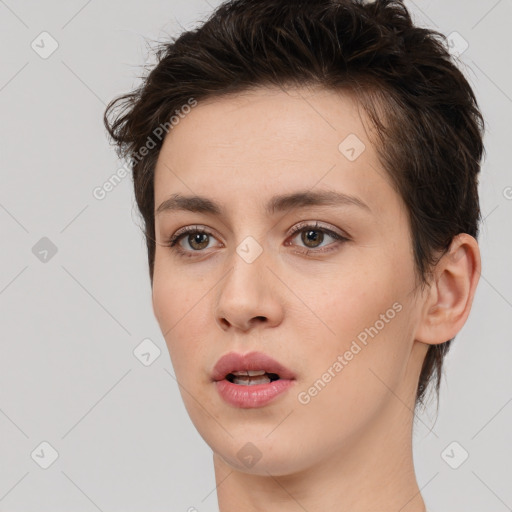 Neutral white young-adult female with medium  brown hair and brown eyes