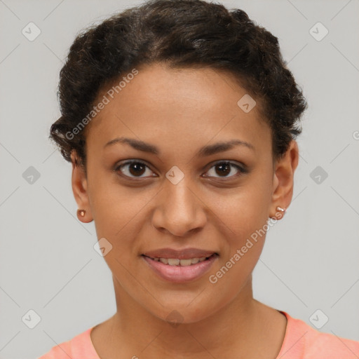 Joyful latino young-adult female with short  brown hair and brown eyes
