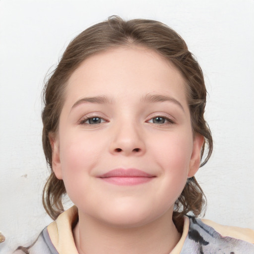 Joyful white child female with medium  brown hair and blue eyes