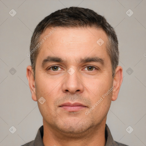 Neutral white adult male with short  brown hair and brown eyes