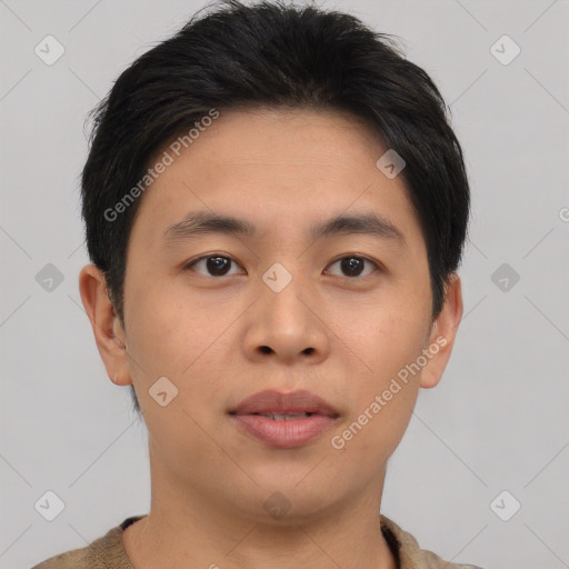 Neutral asian young-adult male with short  brown hair and brown eyes