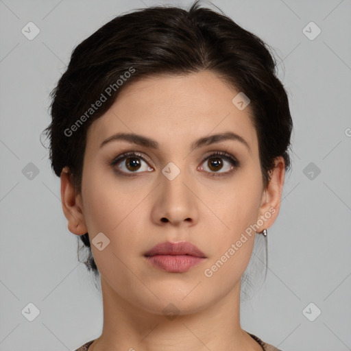 Neutral white young-adult female with short  brown hair and brown eyes