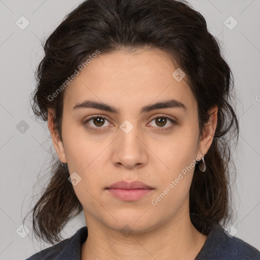 Neutral white young-adult female with medium  brown hair and brown eyes