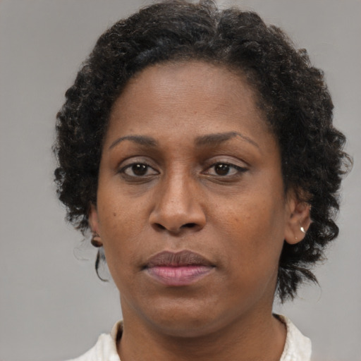 Neutral black adult female with short  brown hair and brown eyes