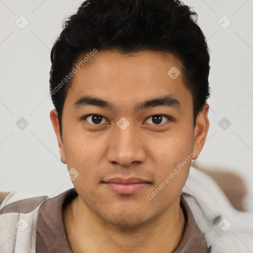 Neutral latino young-adult male with short  black hair and brown eyes