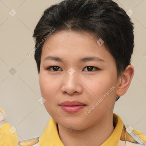 Joyful asian young-adult female with short  brown hair and brown eyes