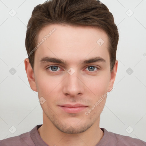 Neutral white young-adult male with short  brown hair and brown eyes