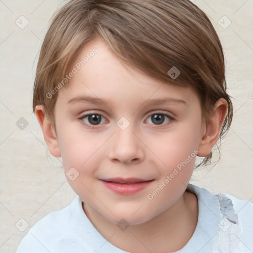 Joyful white child female with medium  brown hair and brown eyes