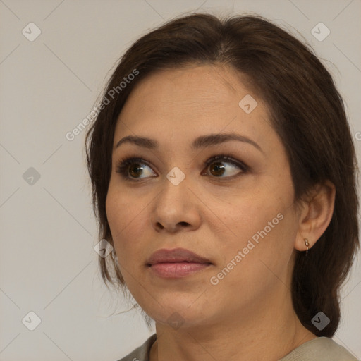 Neutral white young-adult female with medium  brown hair and brown eyes