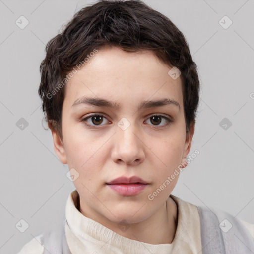 Neutral white young-adult female with short  brown hair and brown eyes