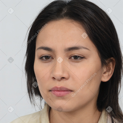 Neutral white young-adult female with medium  brown hair and brown eyes