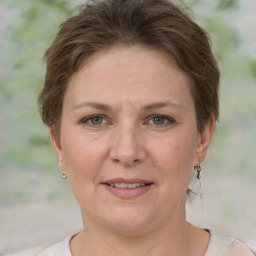 Joyful white adult female with short  brown hair and grey eyes