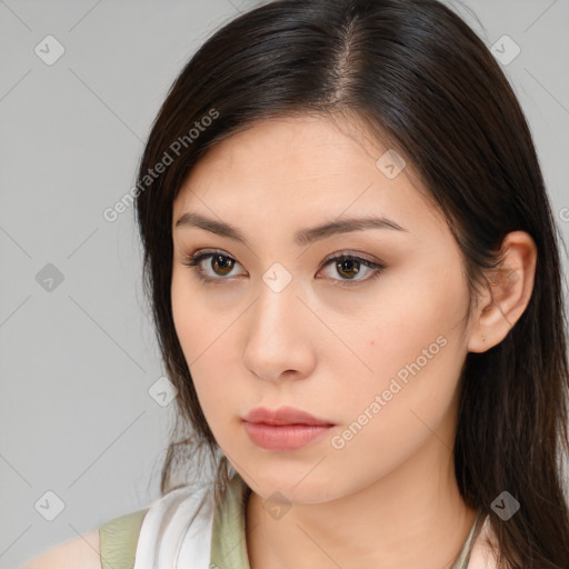 Neutral white young-adult female with long  brown hair and brown eyes