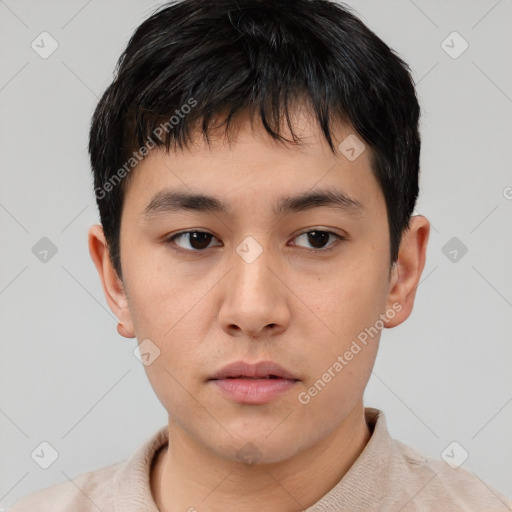 Neutral asian young-adult male with short  black hair and brown eyes