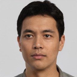 Neutral asian young-adult male with short  black hair and brown eyes