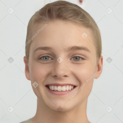 Joyful white young-adult male with short  brown hair and blue eyes