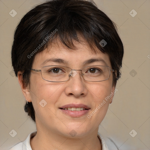 Joyful white adult female with short  brown hair and brown eyes