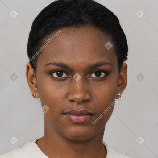 Neutral black young-adult female with short  black hair and brown eyes