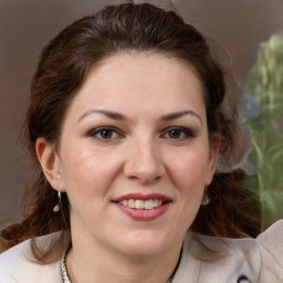 Joyful white adult female with medium  brown hair and brown eyes