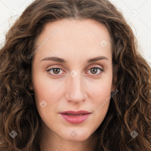 Joyful white young-adult female with long  brown hair and green eyes