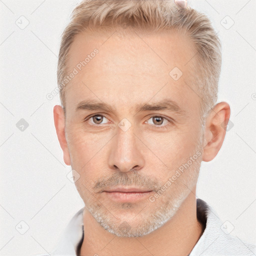 Neutral white adult male with short  brown hair and brown eyes