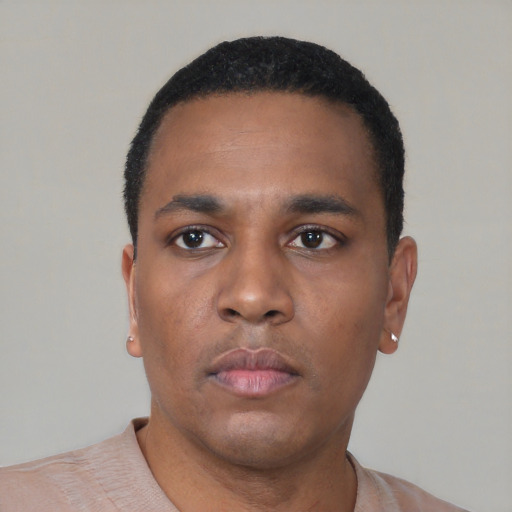 Neutral black young-adult male with short  black hair and brown eyes