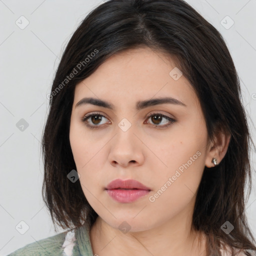 Neutral asian young-adult female with long  brown hair and brown eyes