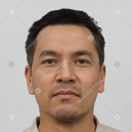 Neutral asian adult male with short  black hair and brown eyes