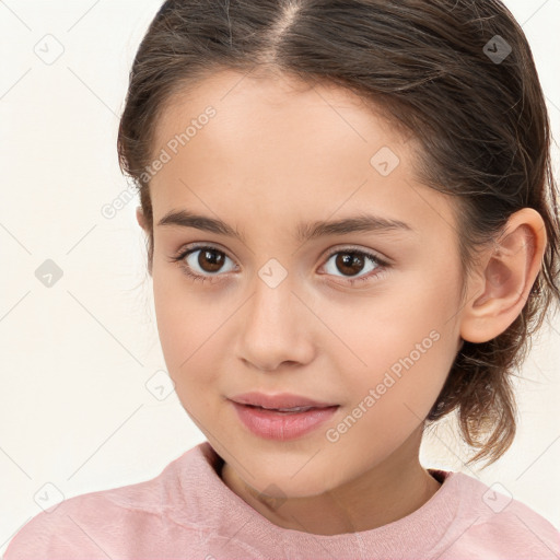 Joyful white child female with medium  brown hair and brown eyes