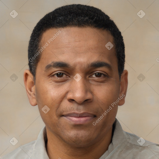 Joyful latino young-adult male with short  brown hair and brown eyes