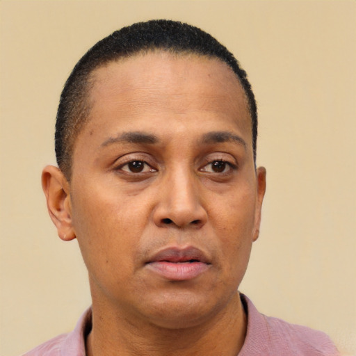Neutral black adult male with short  brown hair and brown eyes