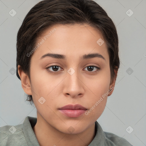 Neutral white young-adult female with short  brown hair and brown eyes