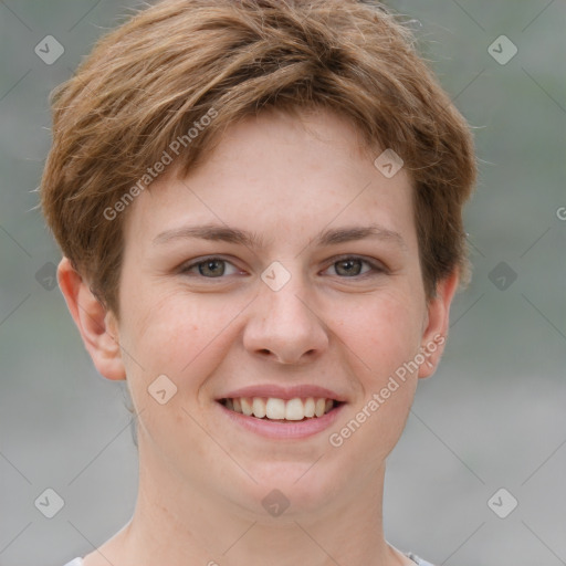 Joyful white young-adult female with short  brown hair and grey eyes