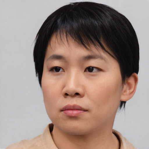 Neutral asian young-adult female with medium  black hair and brown eyes