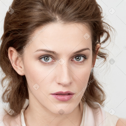 Neutral white young-adult female with medium  brown hair and blue eyes