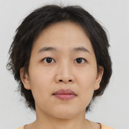 Neutral asian young-adult female with medium  brown hair and brown eyes