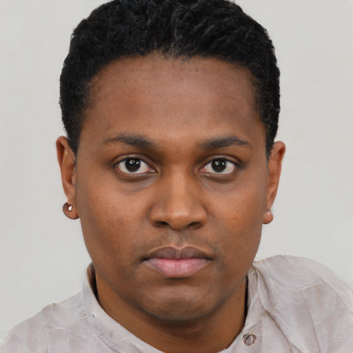 Neutral black young-adult male with short  black hair and brown eyes